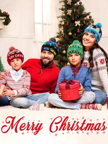 Vista 4 de 4 piezas LED Navidad Beanie Hat Led Light Up Christmas Hat Knit Christmas Cap con 6 luces, Multicolorido