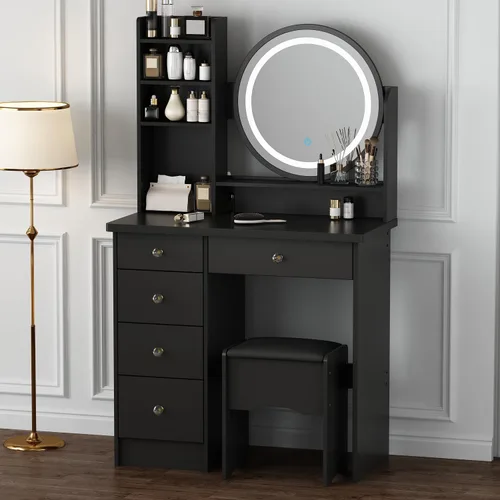Vista 10 de Tocador con silla, tocador con espejo rectangular iluminado, 5 cajones y estantes, juego de tocador de maquillaje con almacenamiento