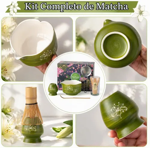 Vista 5 de Buucup Juego de matcha, 5 piezas de aguacate verde matcha con cuenco en forma de corazón con boquilla, batidor de bambú, cuchara, tamiz y soporte