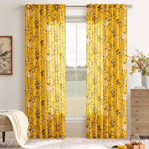 Vista 12 de Cortinas de lino de pájaro floral azul 2 paneles de 72 pulgadas de largo Aqua Blue