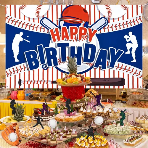 Vista 2 de Decoraciones de fiesta de béisbol con texto en inglés «Happy Birthday» para niños, adolescentes – Cartel grande con temática deportiva