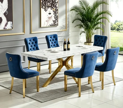 Vista 8 de Henf Mesa de comedor de mármol sintético blanco de 70 pulgadas para 4-6 personas, mesa de cocina rectangular moderna con mesa de mármol sintético