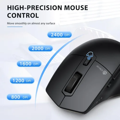 Vista 4 de iClever Ratón inalámbrico con Bluetooth o receptor USB, 5 niveles de DPI ajustables hasta 2400DPI, ratón recargable para computadora, ratón