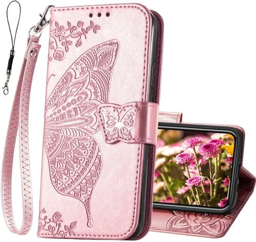 Vista 10 de Funda tipo cartera para iPhone 12 Pro/iPhone 12 para mujer, color Butterfly Emboss Flip Folio Cuero PU, soporte, ranuras para tarjetero, correa