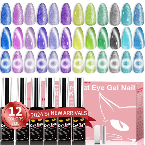 Vista 19 de Kit de esmalte de uñas de gel, 12 colores brillantes con purpurina 9D camaleón ojo de gato, juego de esmalte de uñas de gel con base de luz