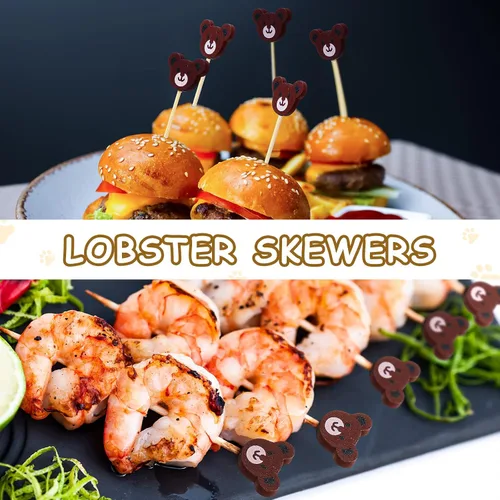Vista 6 de 100 palillos de cóctel con cara de oso, brochetas de bambú para aperitivos, lindos palillos de comida de oso, palillos de dientes para frutas