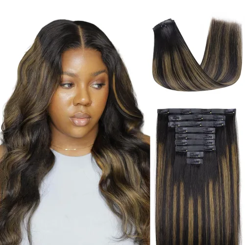 Vista 33 de Lashey Extensiones de cabello humano con clip, sin costuras, #1, color negro azabache, extensiones de cabello humano real, extensiones de cabello