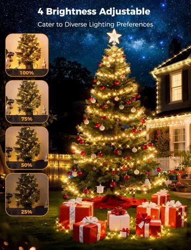Vista 5 de Brightever Luces LED para árbol de Navidad, 900 bombillas de 295 pies, luz de Navidad exterior enchufable con control remoto, 8 modos