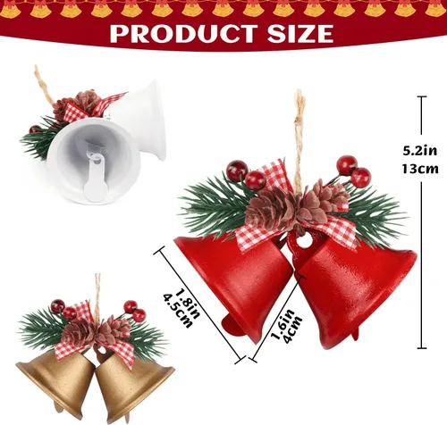Vista 2 de Adorno rojo de campanas de Navidad, adorno colgante de árbol de cascabeles de metal para decoración de Navidad, suministros de fiesta de vacaciones