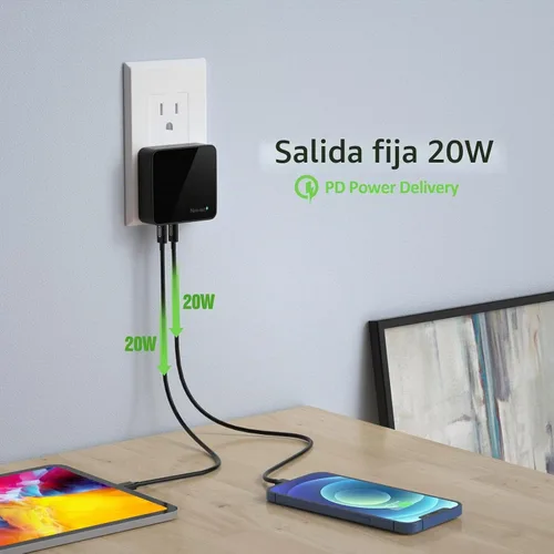 Vista 2 de Nekmit Cargador USB C, cargador de pared plano rápido y delgado de 52 W de 4 puertos con dos Power Delivery de 20 W y 2 puertos USB para iPhone