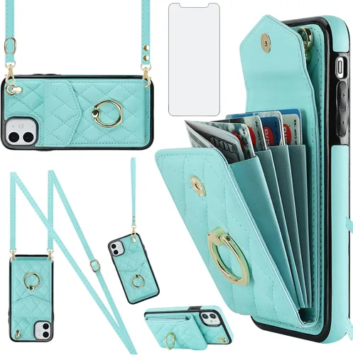 Vista 9 de Asuwish Funda de teléfono para iPhone 12 Mini 5.4 con protector de pantalla de vidrio templado y correa para la muñeca, bloqueo RFID, tarjetero