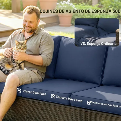 Vista 5 de Outsunny Sofá de 3 plazas para exteriores, sofá de mimbre PE para patio con asientos profundos amplios, cojines de espuma de 4 pulgadas Beige