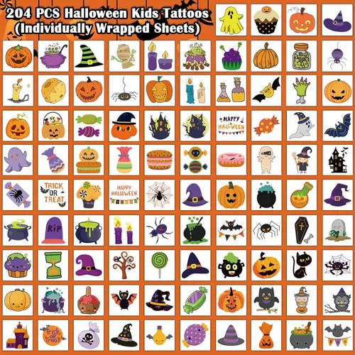 Vista 3 de Partywind 204 hojas envueltas individualmente, tatuajes de Halloween para suministros de fiesta de niños, decoraciones de fantasma de calabaza