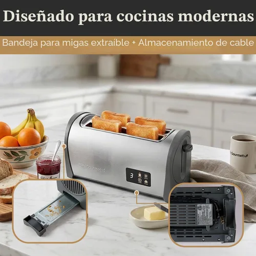 Vista 5 de Nuevo Elite Gourmet ECT4200D Tostador Digital de Ranura Larga de 4 Rebanadas, Pantalla Táctil, 6 Tonos de Tostado, Funciones de Descongelar