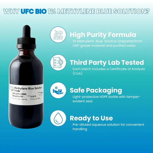 Vista 4 de Solución azul de metileno al 1% con gotero - Grado USP/Pharma - Líquido filtrado de 1 μm - 3.4 fl oz