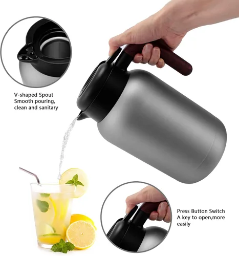 Vista 5 de Luvan Sus316 - Jarra térmica de café de 68 onzas, 2 L, jarra de café al vacío de doble pared, cafetera con tapa y agarre de madera maciza