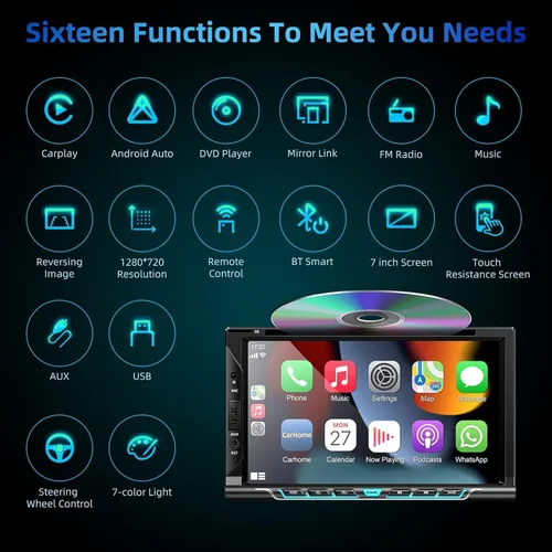 Vista 7 de Estéreo de auto doble DIN con Carplay y Android Auto, pantalla táctil HD de 7 pulgadas, compatible con reproductor de CD y DVD, Bluetooth, cámara