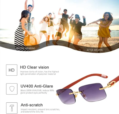 Vista 7 de Dollger Lentes de sol rectangulares sin montura para hombres y mujeres, hip-hop de madera, pequeños lentes de sol cuadrados sin marco de los años 70
