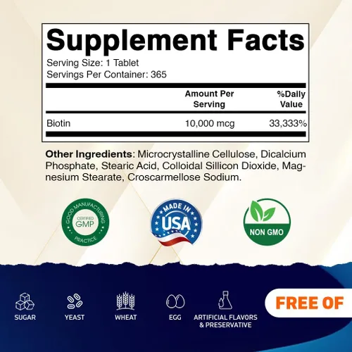 Vista 2 de Vitamatic Biotina 10,000 mcg (10 mg) para cabello, piel y uñas más fuertes - 365 tabletas veganas - también llamada vitamina B7