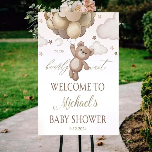 Vista 4 de Cartel de bienvenida de plástico personalizado con texto en inglés «We Can Bearly Wait Brown con texto en inglés «We Can Bearly Wait Brown»