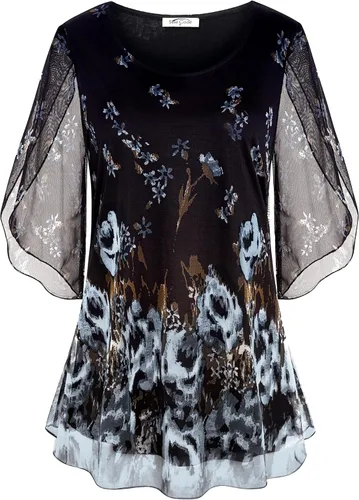 Vista 2 de SeSe Code Blusas de malla de manga 34, con volantes, para mujer, sueltas, holgadas y elásticas