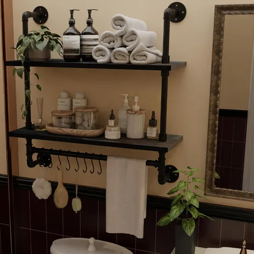 Vista 2 de ROGMARS - Estantería industrial de tuberías para baño, estantes flotantes negros de 24 pulgadas para baño con toallero y ganchos, estantes montados