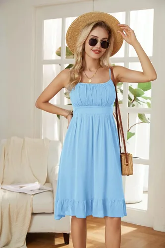 Vista 6 de GRACE KARIN Vestido floral con tirantes delgados para mujer, dobladillo con volantes, plisado, casual, vestido de verano, bohemio, vestido de playa
