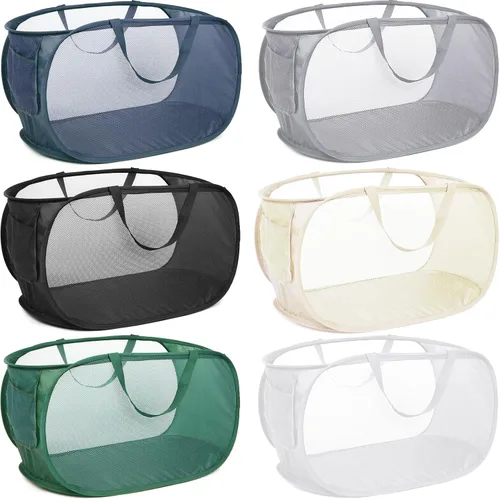 Vista 10 de Cestas de lavandería plegables duraderas, cesta de lavandería desplegable de malla con bolsillo lateral, cesta de ropa plegable con asas