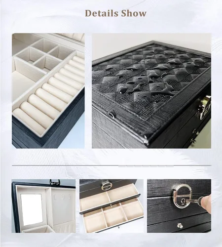 Vista 7 de Caja de almacenamiento de joyas cajas organizadoras de joyas grandes de 3 capas para mujeres y niñas vitrina de joyería de piel sintética con 2