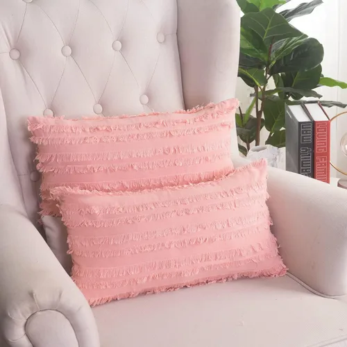Vista 26 de GYROHOME Paquete de 2 fundas de almohada de algodón y lino, fundas de cojín decorativas, diseño de borlas, fundas de cojín modernas con flecos Beige
