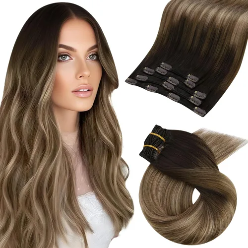 Vista 75 de Moresoo Extensiones de cabello humano con clip, balayage, color marrón oscuro a marrón dorado con clip, extensiones de cabello humano con clip, 5