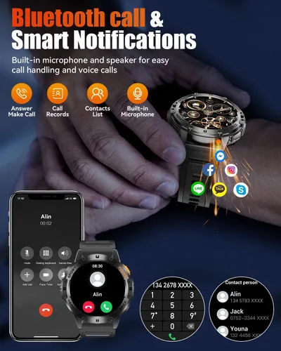 Vista 7 de Relojes inteligentes militares para hombre con llamada Bluetooth, reloj inteligente AMOLED impermeable de 1.43 pulgadas con linterna, 111 modos