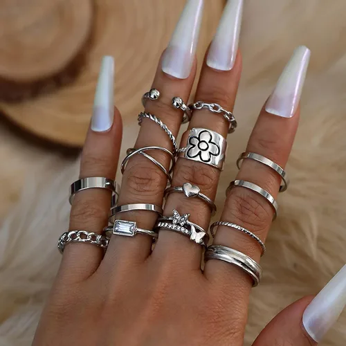 Vista 2 de Juego de 15 anillos bohemios para mujer, anillos de cristal con gemas, conjuntos de anillos de nudo para adolescentes, fiestas, joyería fesvital