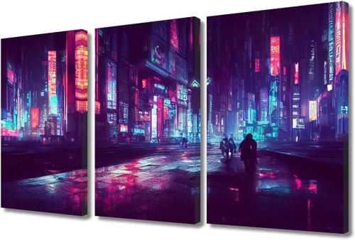 Vista 84 de Arte de pared de 3 piezas de escena de ciencia ficción de la calle comercial futurista paisaje urbano, decoración de pared para dormitorio