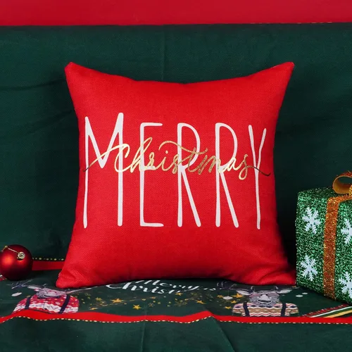 Vista 2 de ONWAY Funda de almohada de Navidad de 16 x 16 pulgadas, funda de almohada lumbar con texto en inglés "Merry Christmas", color rojo dorado