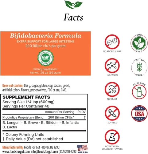 Vista 2 de Foods For Gut Bifido Formula 320 mil millones de ufc Fabricado en Estados Unidos Directo del fabricante Sin almacenamiento de terceros Apoyo