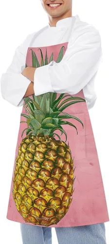 Vista 4 de MUSM Apron for Adults - 27.6 X 31.5 Inch, Heavy-Duty Polyester Aprons with Two Large Pockets, Waterproof Peach Pineapple Pattern Kitchen Apron for