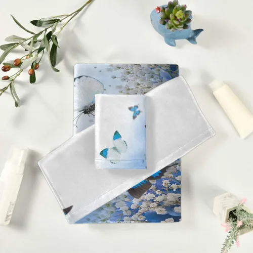 Vista 6 de MOYYO Juego de toallas de baño de 3 piezas, suaves y altamente absorbentes, toallas de baño de hortensias azules, toallas de mariposa con estampado