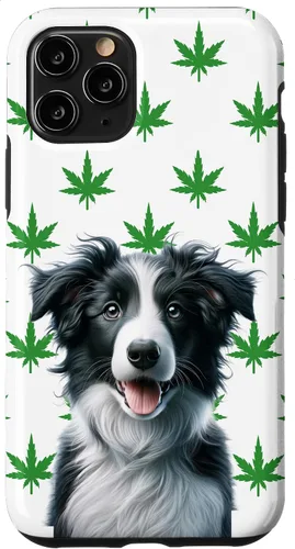Vista 10 de iPhone 15 Black Border Collie Hemp Leaf Green & White Pattern Case