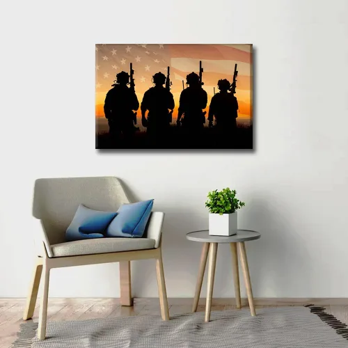 Vista 2 de TUMOVO Arte abstracto para pared, imágenes impresas en lienzo con la bandera estadounidense, arte moderno de soldados militares, arte de pared