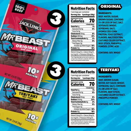 Vista 2 de Jack Link's MrBeast Original y Teriyaki - Cecina de res (paquete de 6) 5.4