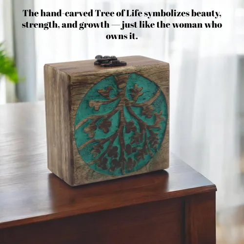 Vista 42 de Urna de madera antigua hecha a mano con grabado del árbol de la vida tallada a mano para mujeres y hombres, joyas Acentos de decoración del hogar