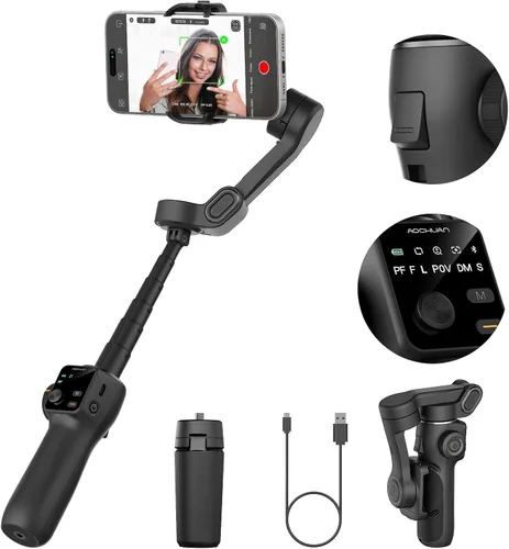 Vista 9 de AOCHUAN Estabilizador de cardán para iPhone y Android, cardán de teléfono de 3 ejes con micrófono de solapa inalámbrico, poste de extensión Negro