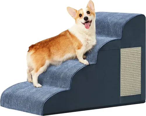 Vista 23 de Escaleras de perro para cama, escaleras para perros pequeños, rampa para perros de 2 peldaños para cama, sofá, sillón y sillas, diseño Beige