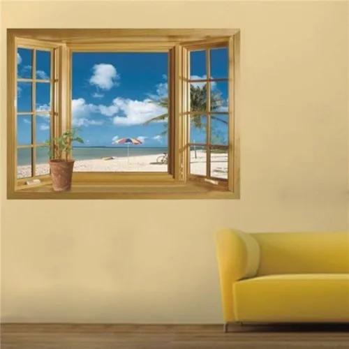 Vista 2 de Pegatinas de pared removibles 3D con diseño de ventana de playa, decoración para el hogar, decoración del hogar