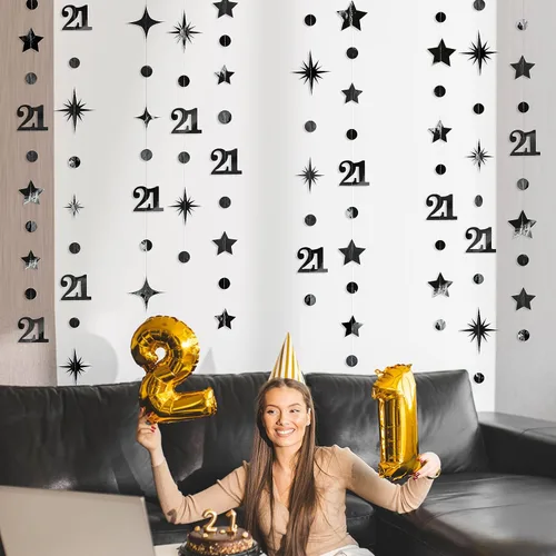 Vista 3 de Guirnalda de número 21 en negro con puntos circulares y estrellas centelleantes, metálica, para colgar, banderines, banner, telón de fondo