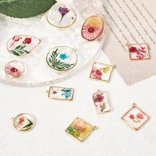Vista 7 de Dijes de resina de flores secas, corazón redondo, lágrima, rombo, rectángulo, resina epoxi, aretes para manualidades, collares, pulseras