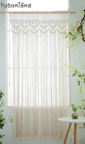 Vista 4 de Cortinas bohemias de macramé, cortina de macramé para colgar en la pared, cortina con cuentas decoración