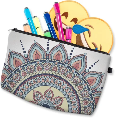 Vista 6 de Deanfun - Bolsa de maquillaje impermeable con diseño de mandala y flores, impermeable, espaciosa, cosmetiquera, bolsa de viaje ideal como regalo