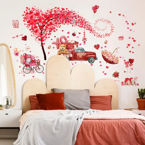 Vista 5 de 2 hojas de calcomanías de pared para el día de San Valentín, árbol de corazón, árbol rojo, camión, día de San Valentín, calcomanías de pared